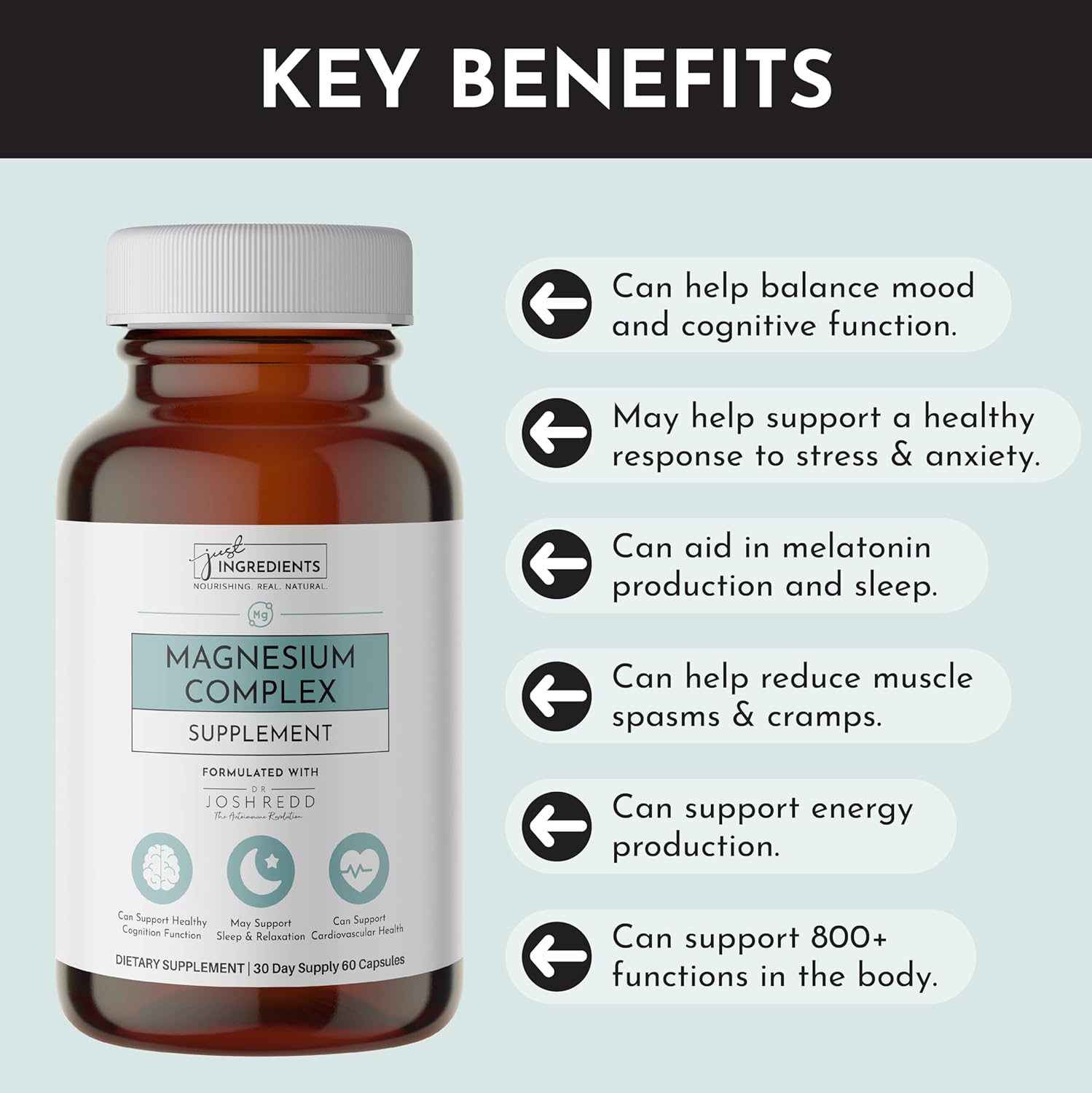 Just Ingredients Magnesium Complex - Five Bioavailable Forms for Relaxation, Sleep, Mood Support - 60 Capsules