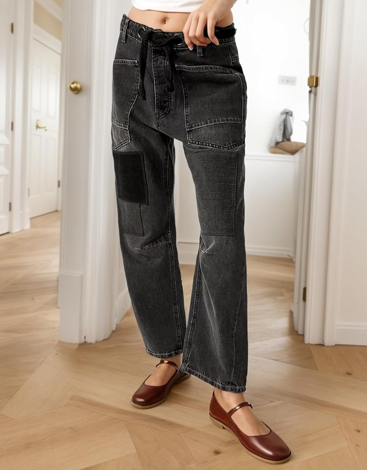 Kedera Womens Baggy Barrel Horseshoe Jeans Drawstring Boyfriend Wide Leg Denim Pants with Pockets Black, Large