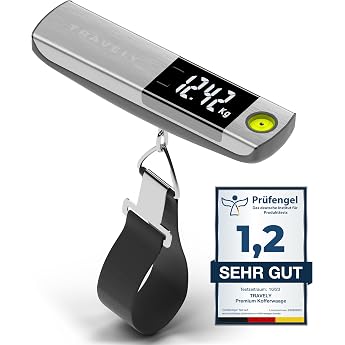 TRAVELY Premium Luggage Scales Made of Brushed Stainless Steel up to 50 kg I Luggage Scales with Practical Tape Measure and Integrated Spirit Level for Accurate Measurements Weight Scale Digital with Hooks