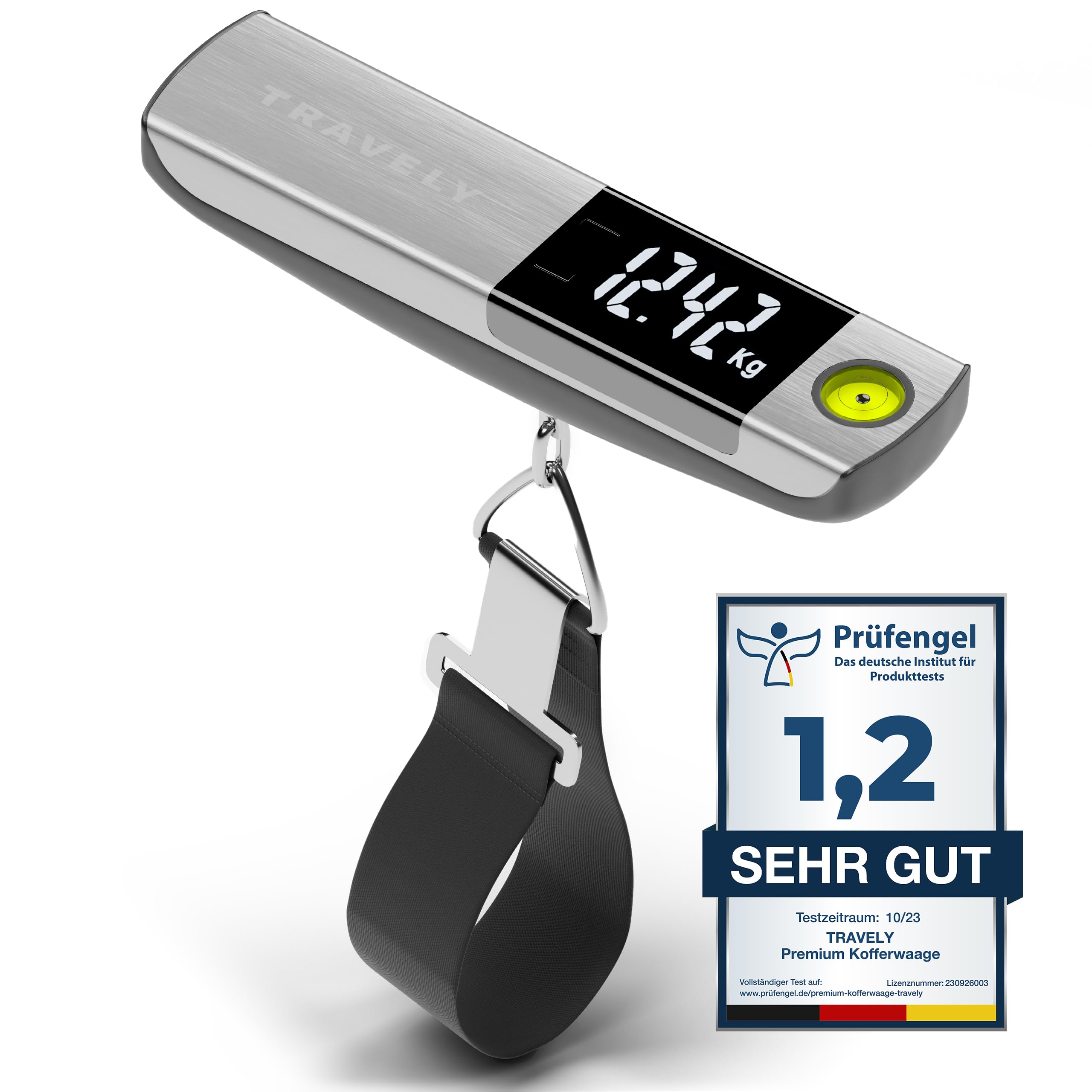 TRAVELY Premium Kofferwaage aus gebürstetem Edelstahl bis 50KG I Gepäckwaage mit praktischem Maßband und integrierter Wasserwaage für genauste Messungen. weight Scale digital mit haken