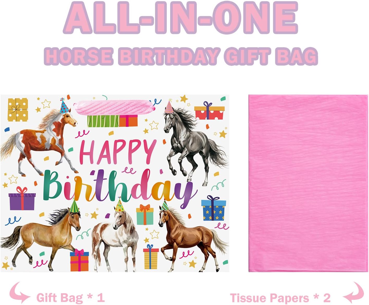 WRAPAHOLIC 13" Large Horse Birthday Gift Bag with Tissue Paper - Happy Birthday Paper Bags for Horse Lovers, Farm Animal Bday Party and Cowgirl Themed Party image 3