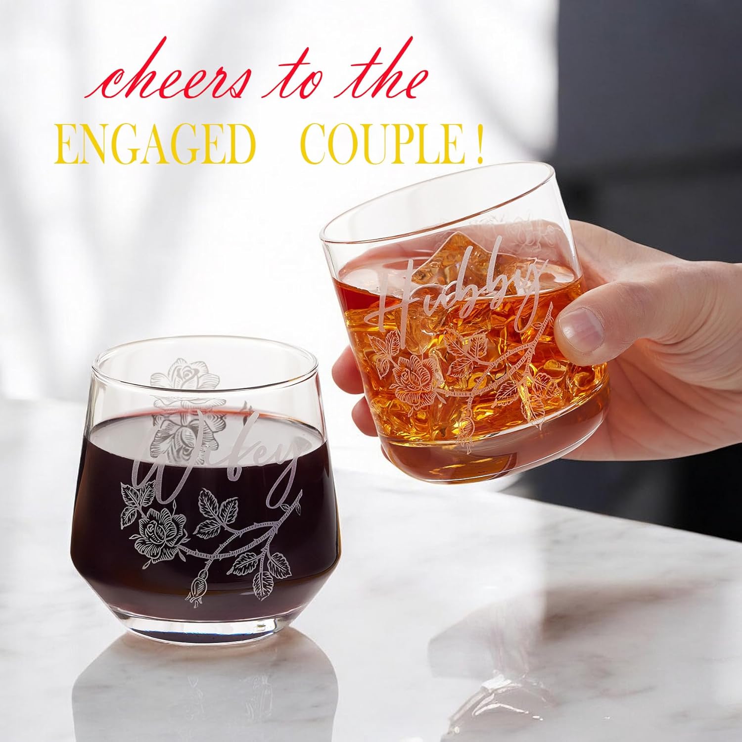 Laser engraving Wedding Gifts for Couples – His and Hers Whiskey & Wine Glasses with Glass Ornament | Perfect Bridal Shower, Engagement Gifts for Hubby and Wifey - Image 2