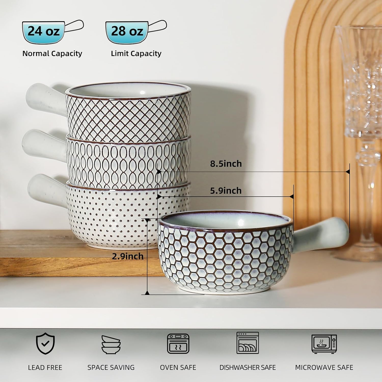MONITO 28 Oz French Onion Soup Bowls With Handles, Stackable Ceramic Soup Crocks, Serving Bowls Set of 4, Oven/Microwave/Dishwasher Safe, for Chili, Beef Stew, Cereal, Pasta, White-blue