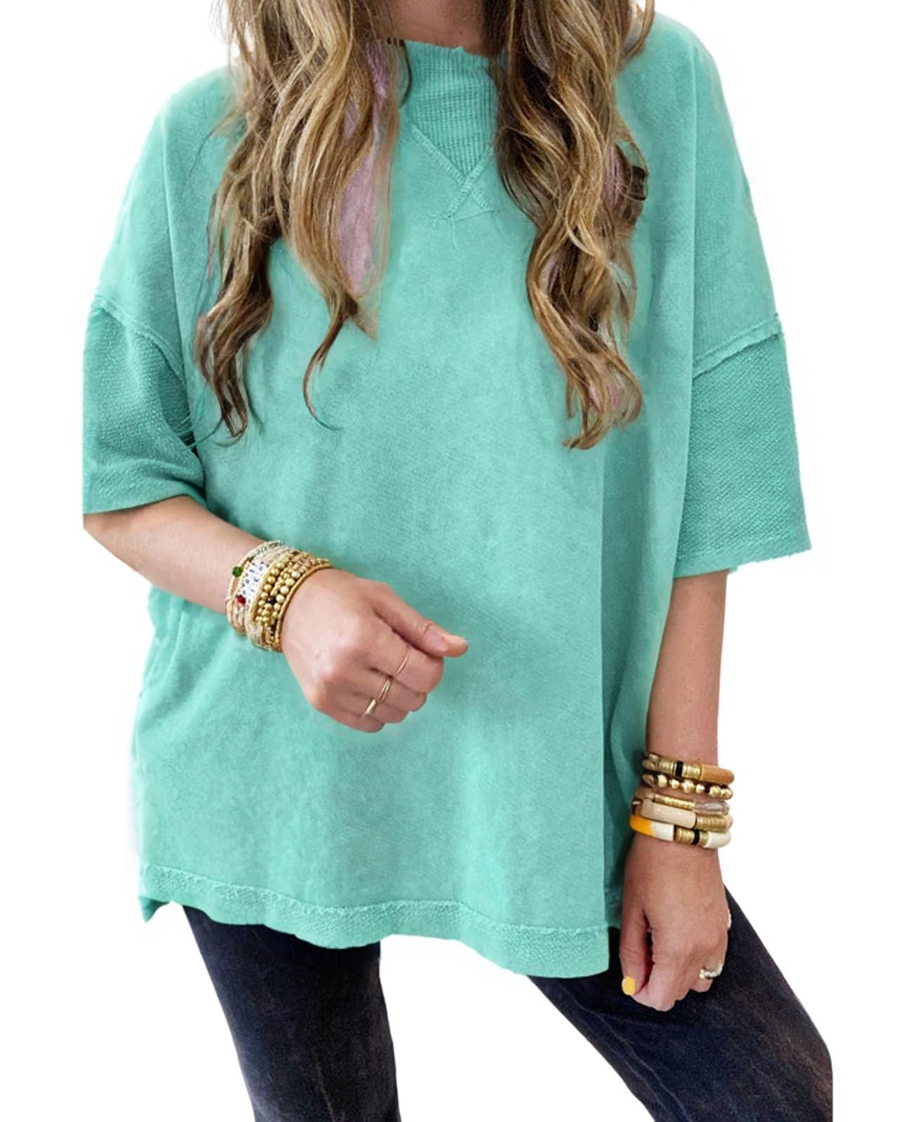 KevaMolly Womens Oversized Tshirts Tops Short Sleeve Mineral Wash Exposed Seam Drop Shoulder Tee Casual Solid Tshirt