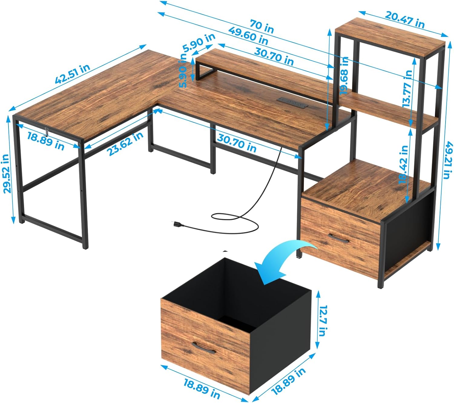 Detailed diagram of the L-shaped desk with all dimensions labeled in inches