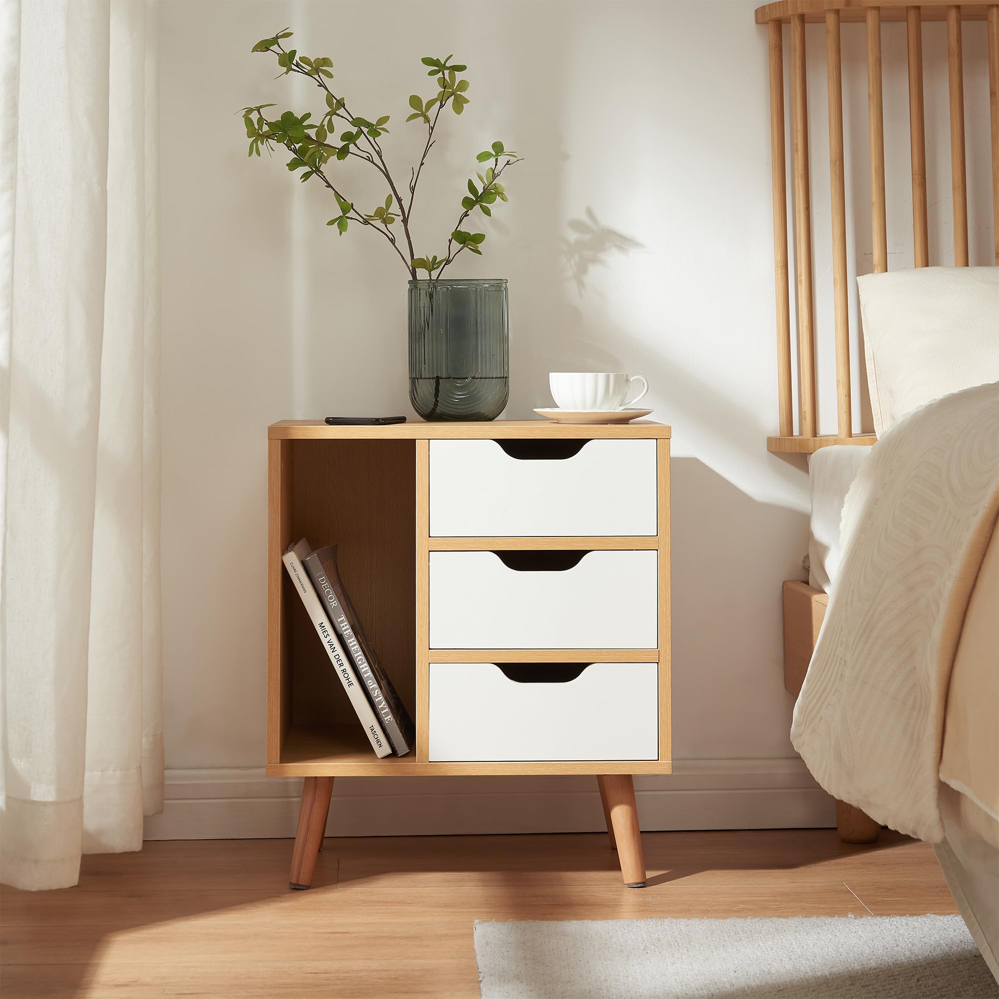 [en.casa] Comodino a 3 Cassetti e Scomparto Aperto Tavolino Basso Laterale Mobiletto Contenitore per Camera da Letto Soggiorno Ingresso 55 x 48 x 30 cm - Effetto Rovere/Bianco