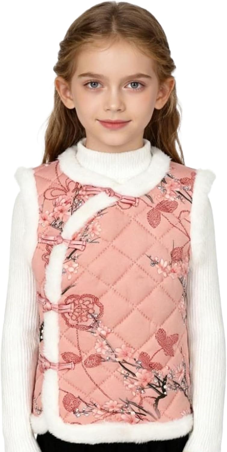 Girls Kids Chinese Flower Pattern Sleeveless Outerwear Keep Warm Jacket Tank Top for Spring Festival