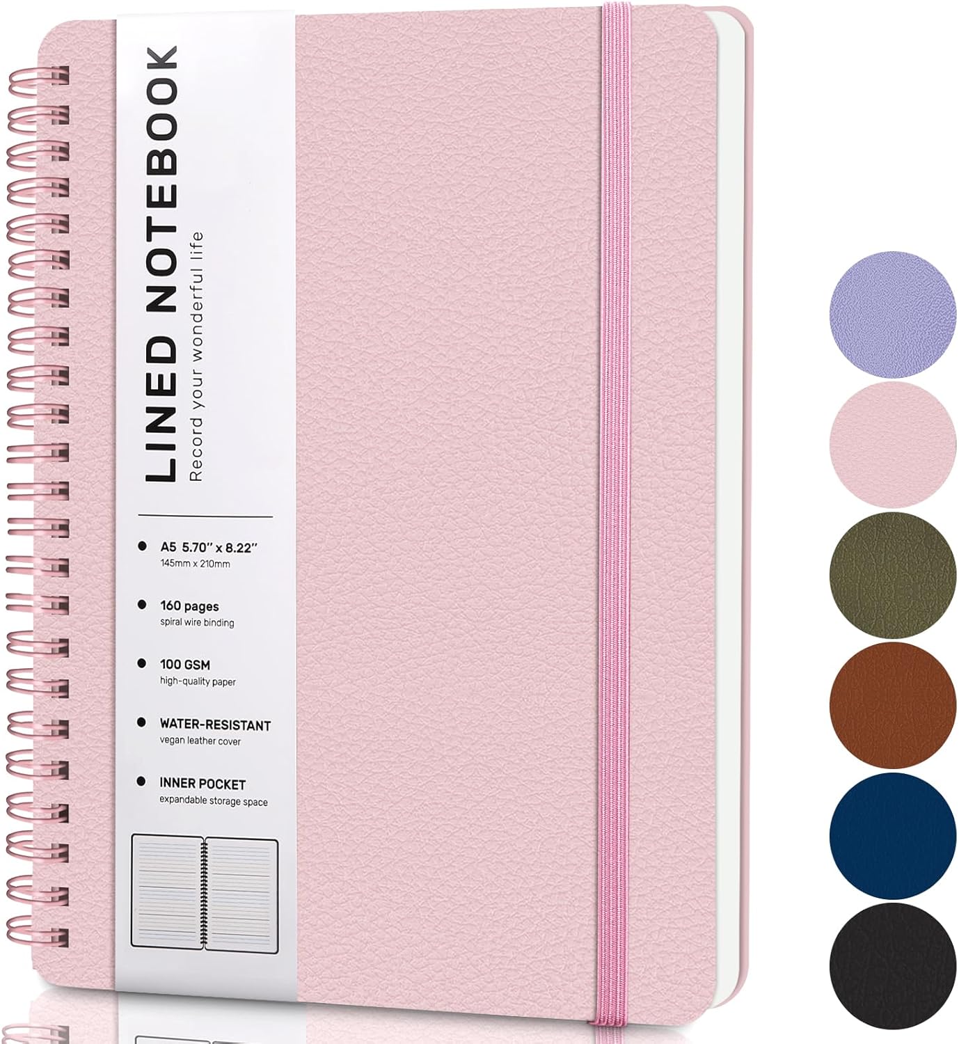 ABERLLS Pink Lined Spiral Journal Notebook with 160 Pages, 8×5.7in, A5 Spiral Notebook, Journaling Notebooks for Work, School, Women, Men, College Ruled Spiral Notebook, Hardcover Leather Journals