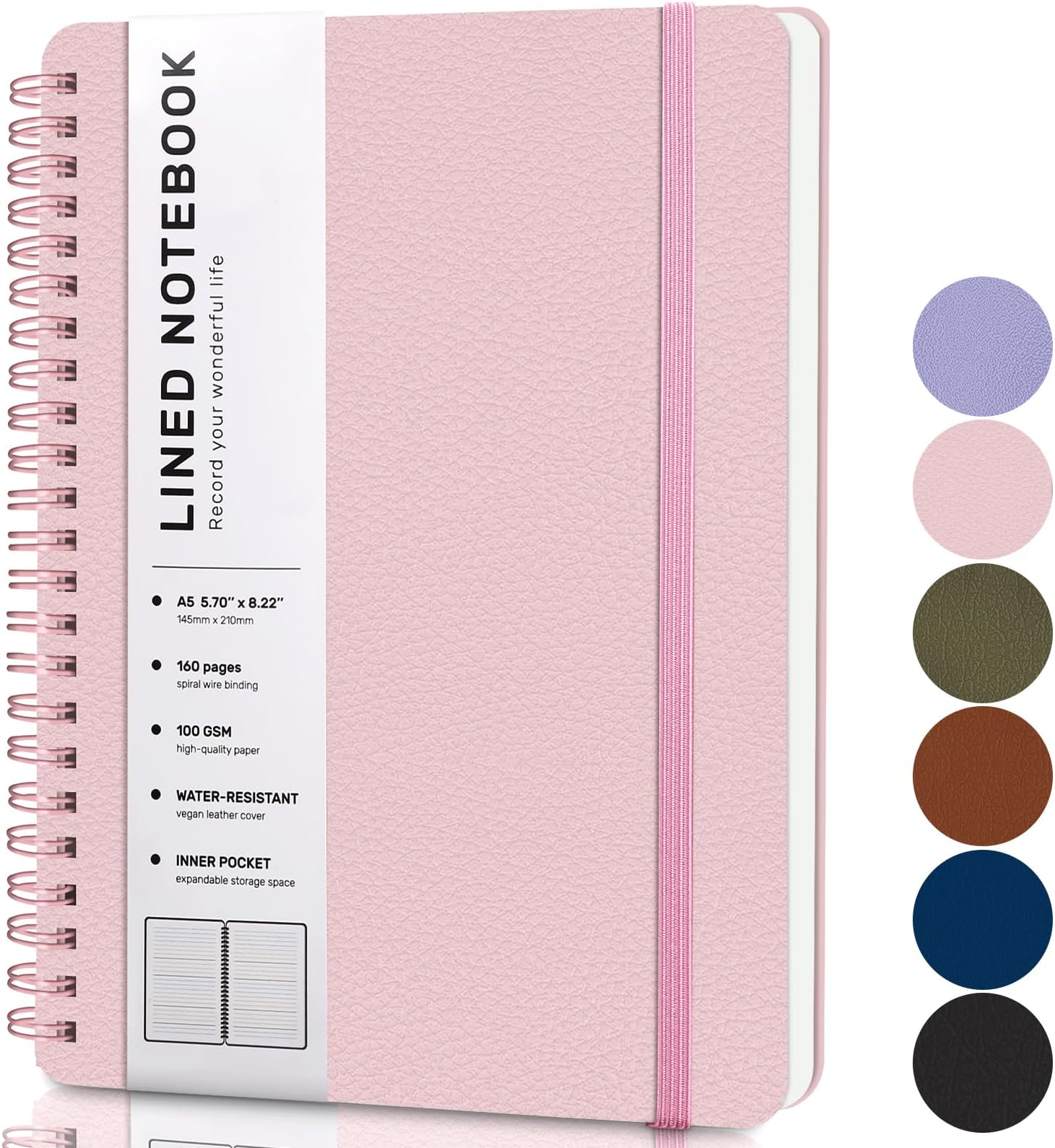 ABERLLS Pink Lined Spiral Journal Notebook with 160 Pages, 8×5.7in, A5 Spiral Notebook, Journaling Notebooks for Work, School, Women, Men, College Ruled Spiral Notebook, Hardcover Leather Journals