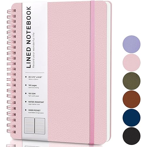 Lined Spiral Journal Notebook, A5 Hardcover Leather Notebook for Work, 5.7''×8.2'', 100GSM Thick Paper Spiral Bound Journaling Notebooks for Women & Men Office School Note Taking Business, Pink