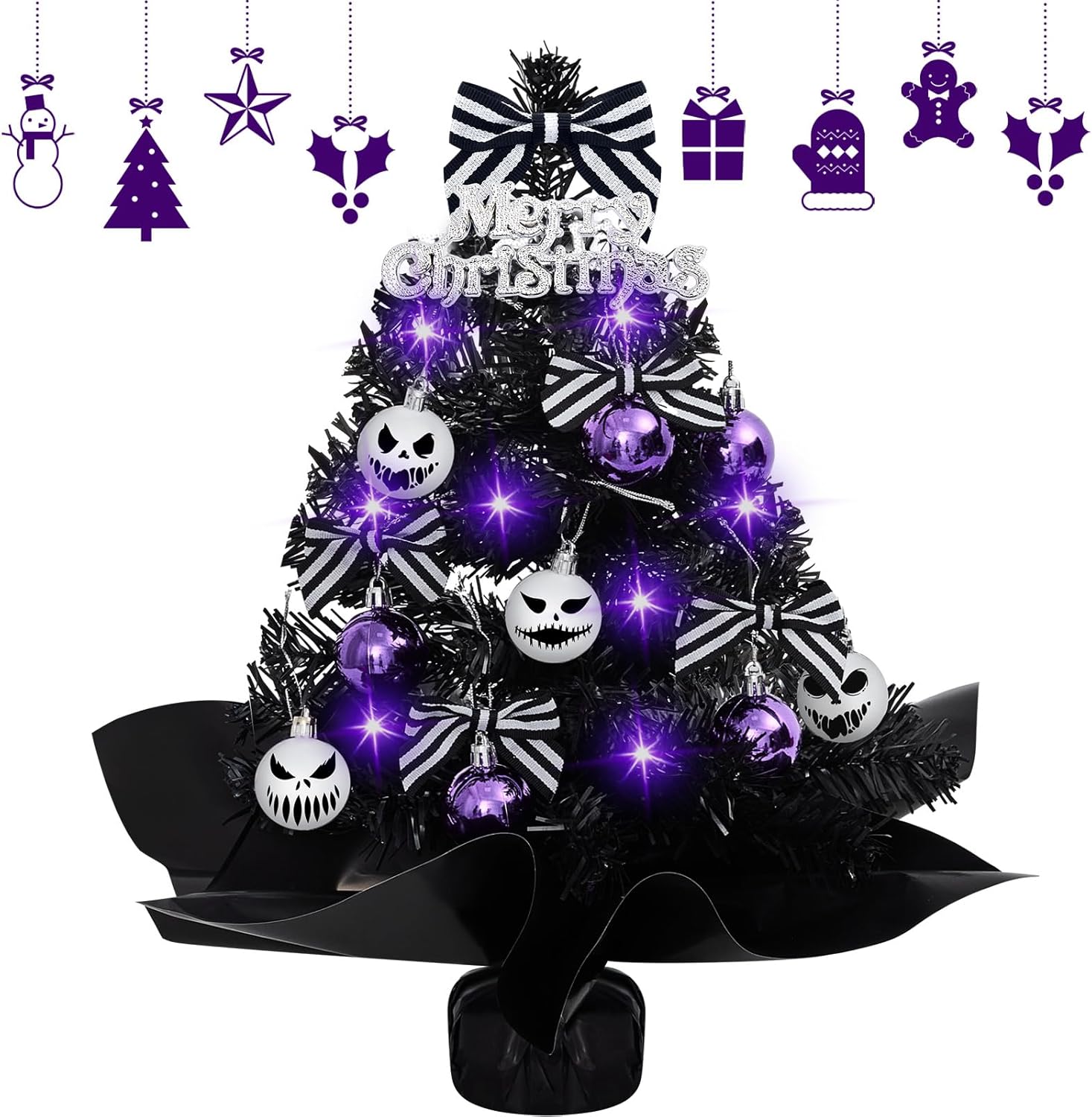 Syhood 1 Pack 18 Inch Mini Black Christmas Tree Set with Lights Christmas Small Tabletop Tree Decoration for Holiday Home Office Xmas Party Desktop Decor
