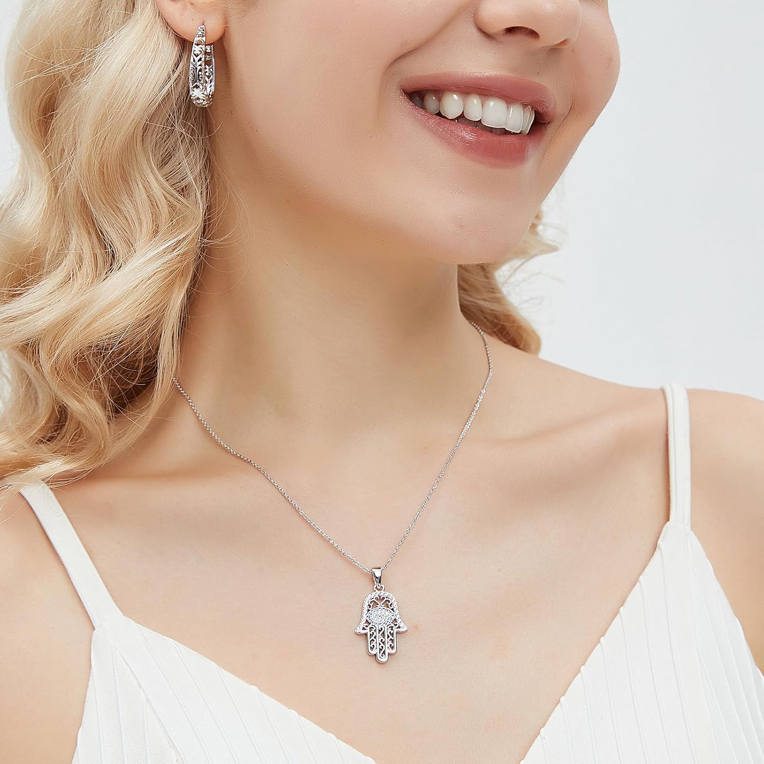 White Gold 14K Gold Plated Necklaces for Women Evil Eye Necklace for Women Girls Evil Eye Hamsa Hand of Fatima Pendant Necklace Good Luck Necklace Jewelry - Image 3