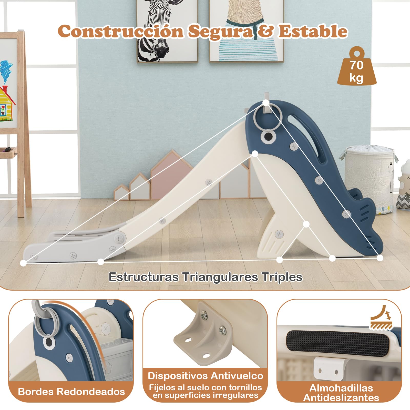 GOPLUS Tobogán Plegable para Niños, Tobogán Infantil 4 en 1 con Canasta de Baloncesto, Escalera de Trepar, Juego de Anillas, Baloncesto, para 3+ Años, Juguete de Jardín para Interior y Exterior