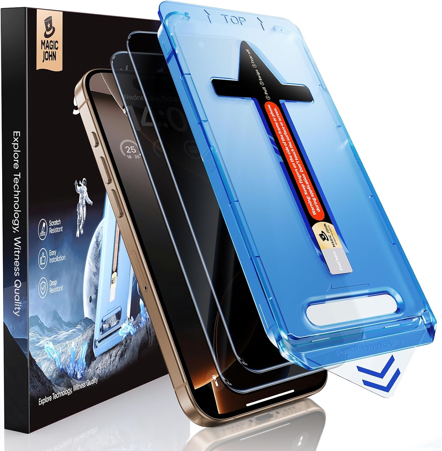 MAGIC JOHN 2 Pack for iPhone 16 Pro [6.3 inch] Privacy Tempered Glass Screen Protector, Auto Dust-Elimination, Bubble Free, Easy Installation, 16Pro 6.3''
