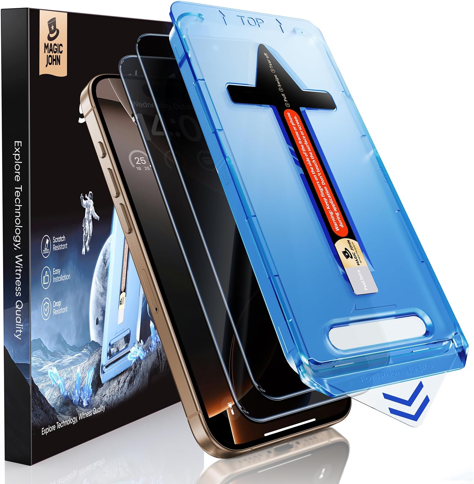 MAGIC JOHN 2 Pack for iPhone 16 Pro [6.3 inch] Privacy Tempered Glass Screen Protector, Auto Dust-Elimination, Bubble Free, Easy Installation, 16Pro 6.3''