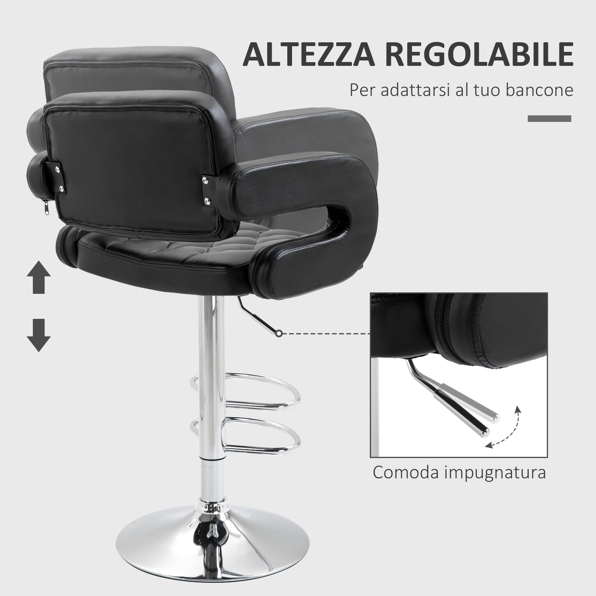 HOMCOM Sgabello da Bar Alto con Schienale e Braccioli, Sgabello da Cucina Moderno Girevole con Altezza Regolabile e Poggiapiedi, in Finta Pelle, 64x50x94-114cm, Nero