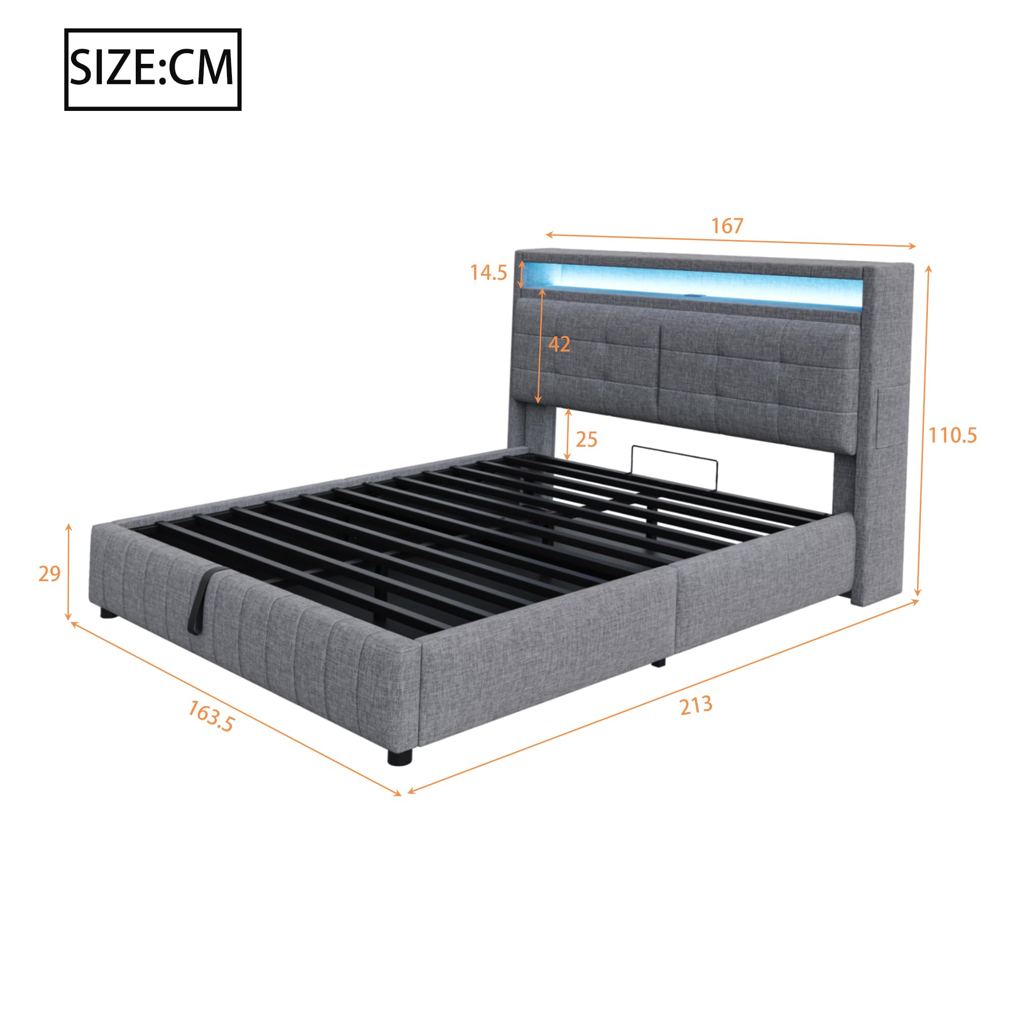 LAKFEW Camas Matrimoniales Cama 160x200 cm con Iluminación LED y USB, Canape 160x200 Cama Doble Tapizada con Almacenaje Hidráulico y Cabecero con Estante, Estructura Metálica, Lino, Gris, Sin Colchón