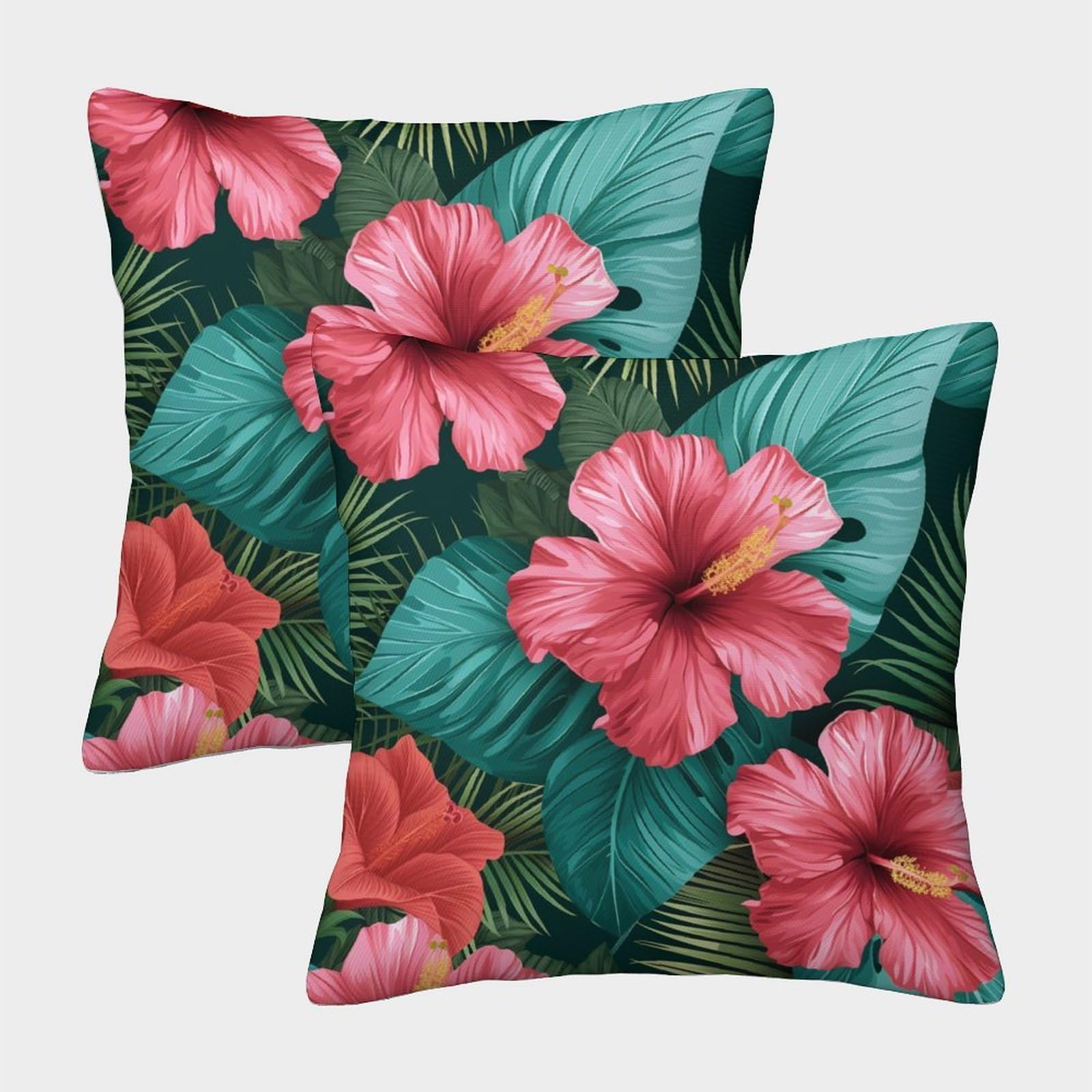 kaiyun 2 Pack Pink Hibiscus Flower - Palm Leaves Pillow Case 40x40cm Throw Pillow Case,Modern Decoration Pattern for Terrace Sofa Bedroom Indoor Outdoor Party