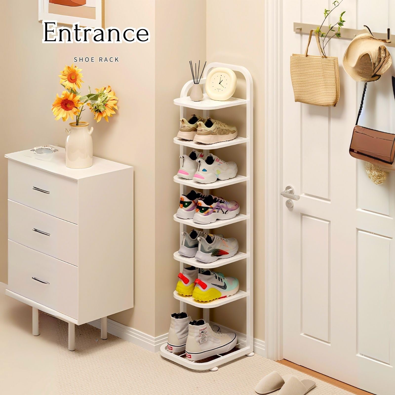 Scarpiera alta sottile, in metallo, a 5 ripiani, per ingresso, elegante zapatero bianco per casa, corridoio e armadio, design salvaspazio (79 cm)