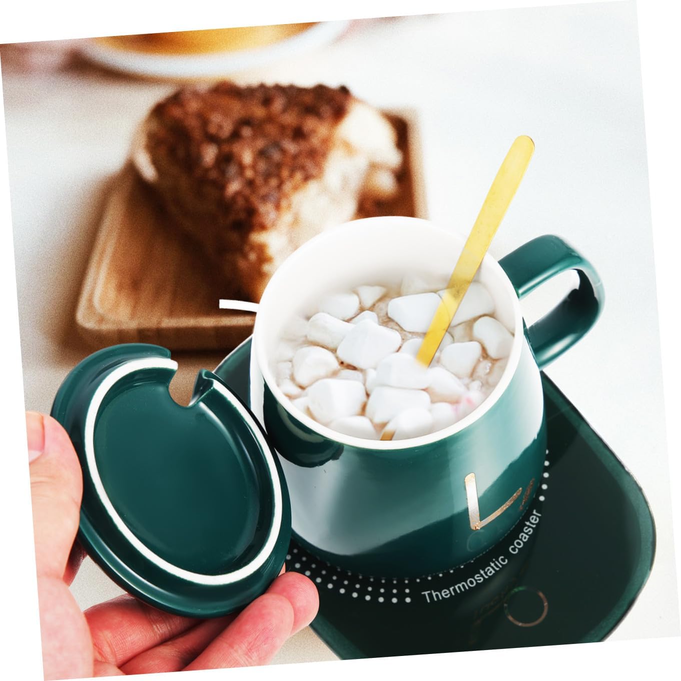 USB Thermostatic Ceramic Cup Warmer for Coffee and Milk Creative Heating Pad with Gravity Sensor Portable Mug Warmer for Office and Home Use Green