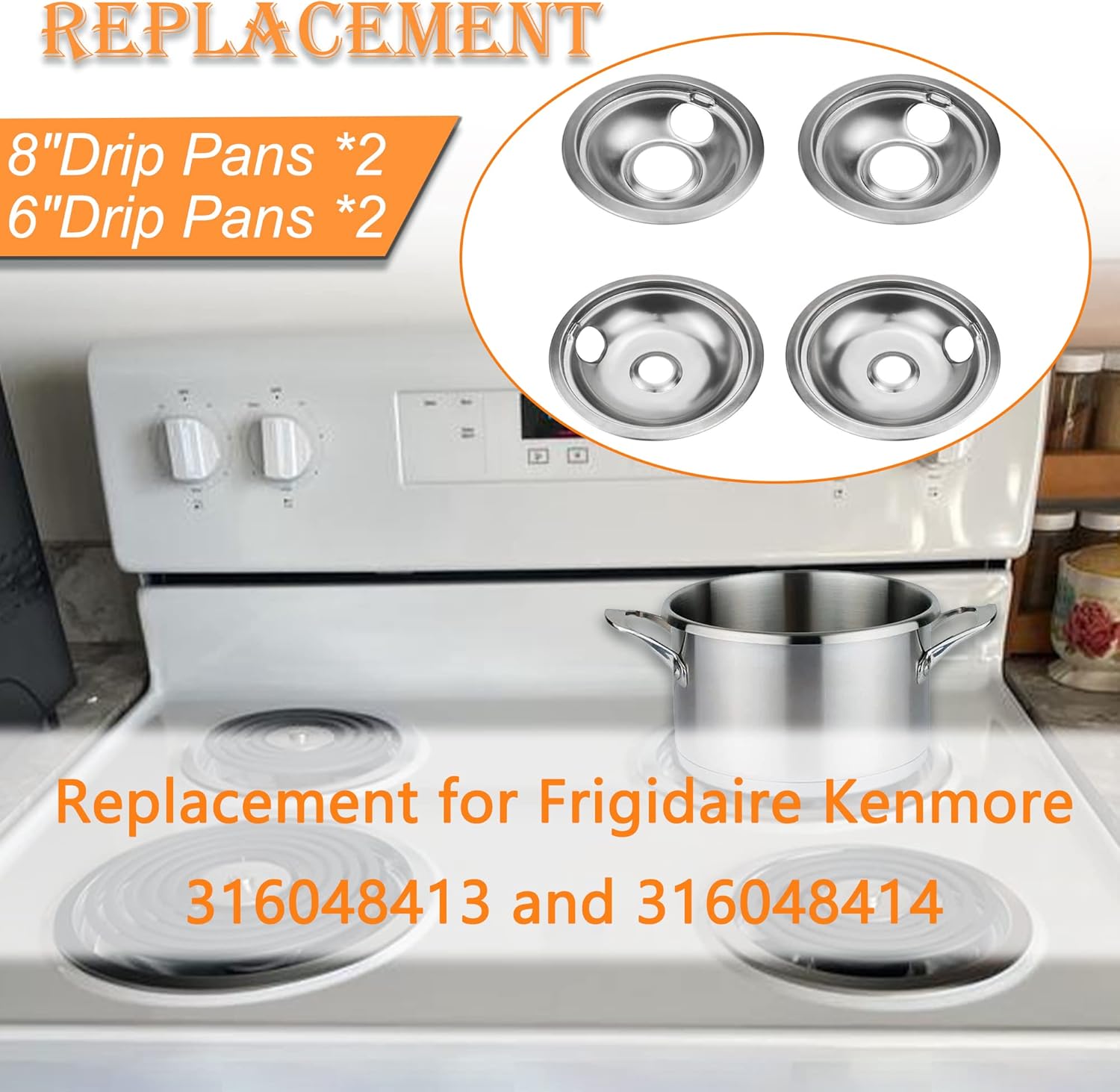 stove burner covers,replacement chrome drip pans for frigidaire kenmore 316048413 and 316048414,4 pcs (4x6") drip pan-4pc