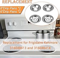 Vista 2 de Cubiertas para quemadores de estufa Mejiao, sartenes de goteo cromadas de repuesto para Frigidaire Kenmore 316048413 y 316048414, 4 piezas (4x6")