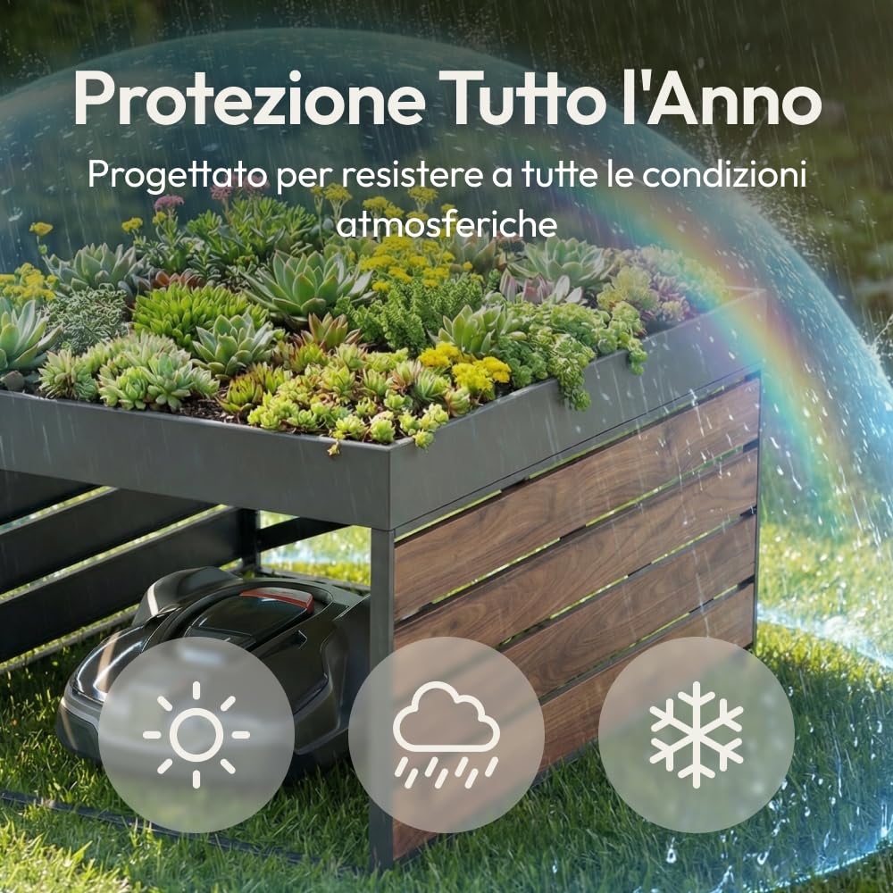 CASABEL Cobertizo para Robot cortacésped, Acero galvanizado, con Jardinera | Protección contra la intemperie, Acero galvanizado resistente, Jardinera integrada, Refugio universal, Efecto madera