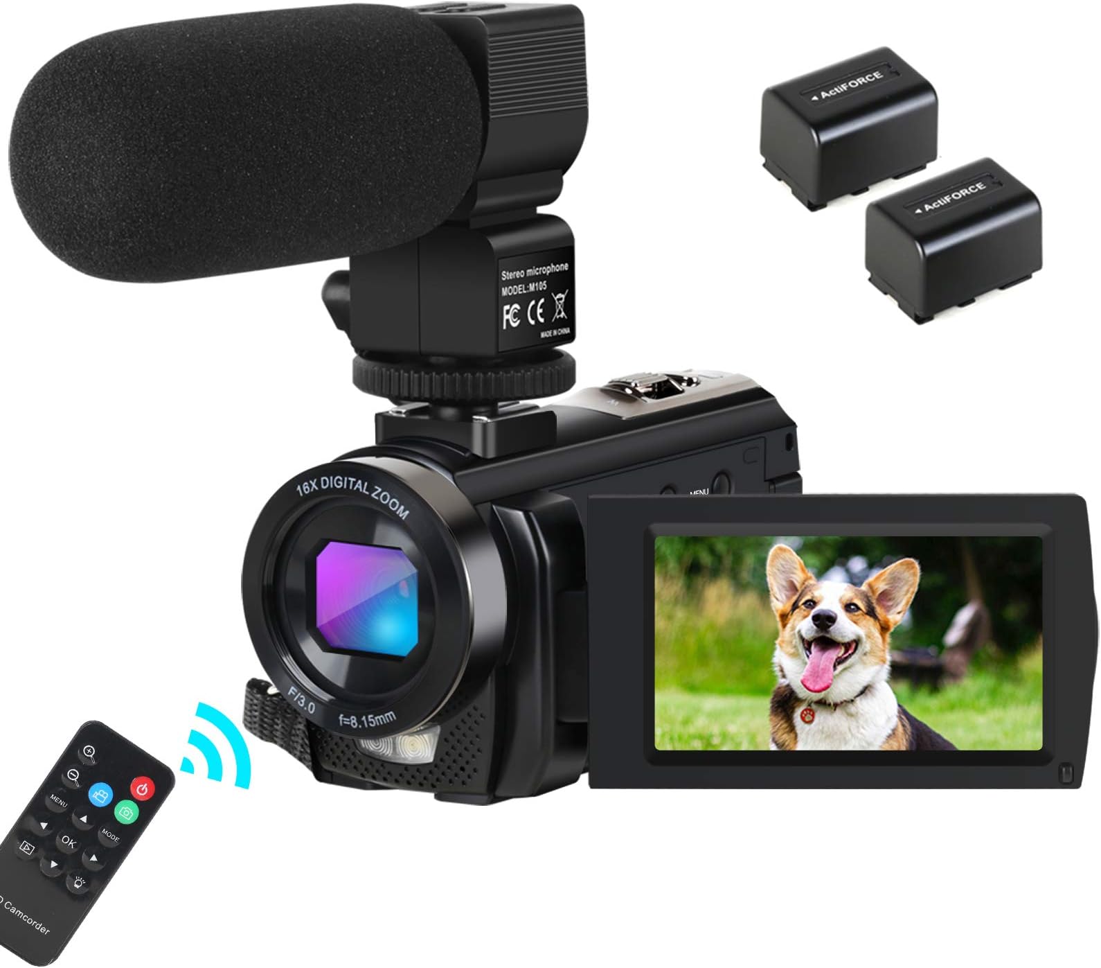 Aabeloy Camcorder Video Camera Digital YouTube Vlogging Camera HD 1080P 30FPS 24MP 16X Digital Zoom 3 Inch LCD Flip Screen Video Recorder with Microphone and Remote Control, 2 Batteries