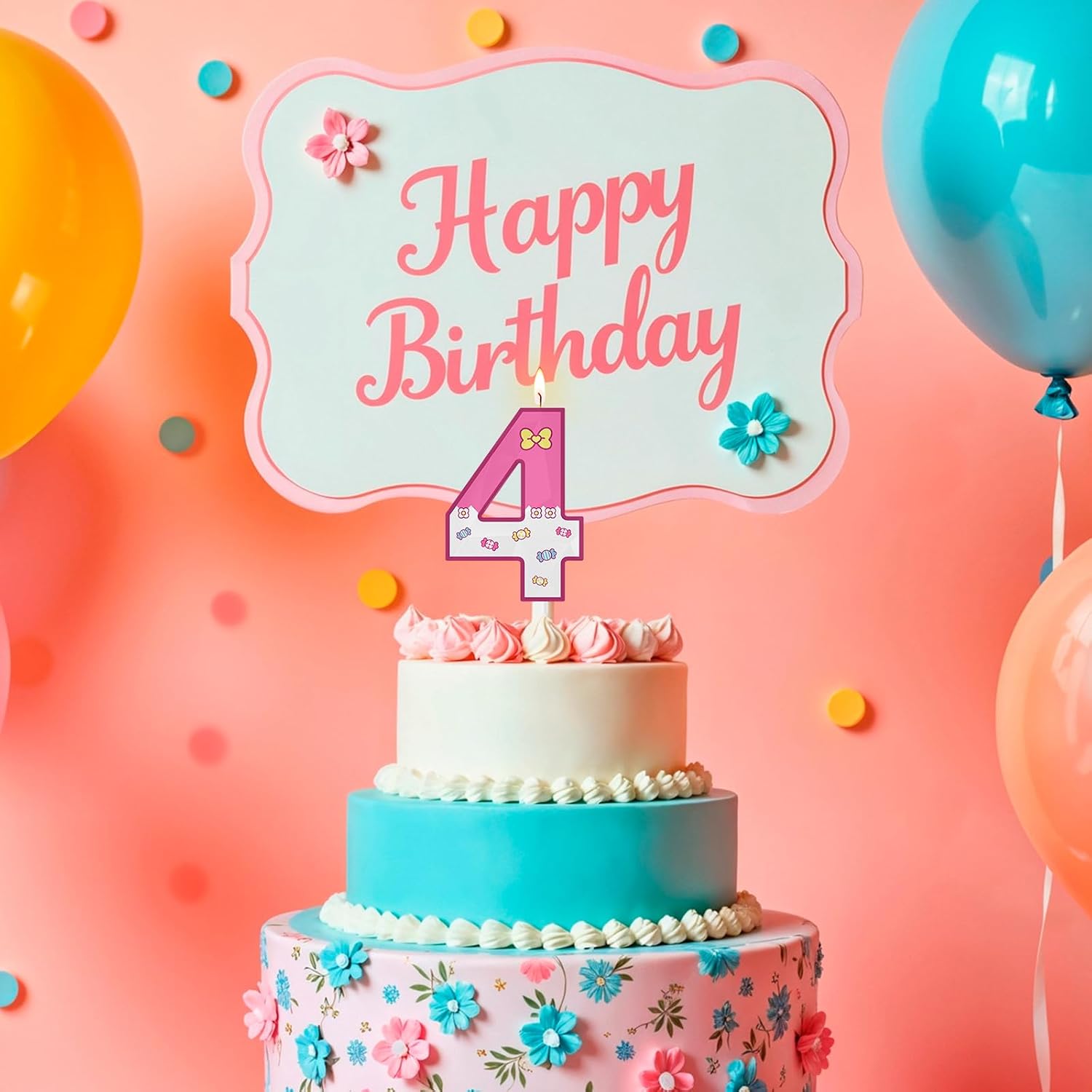 Large 3D Number 1 Birthday Candles - 5 & 2.76 Inches Pink Cartoon Stuff Cake Toppers, Sweet Themed Birthday Decorations for Party Favors Supplies (Number 4) image 3