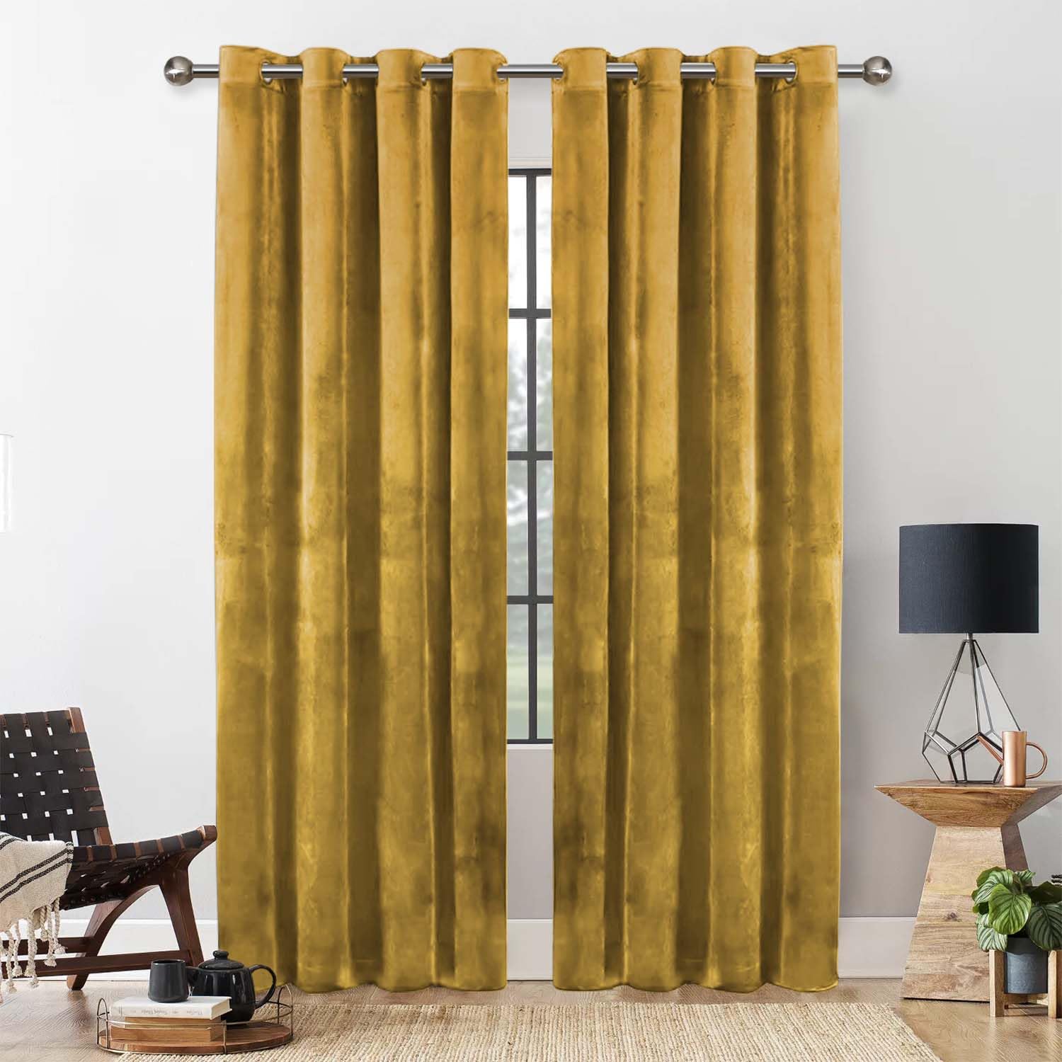 Yorkshire Bedding Ochre 46X54 Curtains For Bedroom – Super Soft Crushed Velvet Thermal Insulated Curtains For Living Room – Eyelet Curtain With 2 Tie Backs (116Cm X 137Cm)