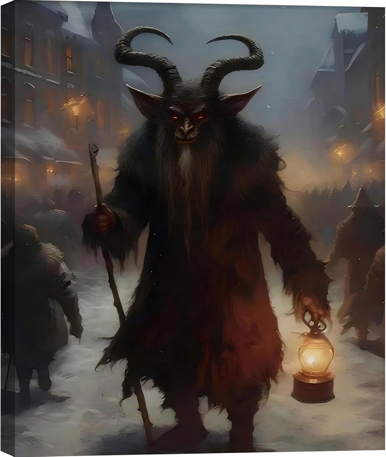 Christmas Devil Krampus with Lamp Canvas Wall Art 24x36, Retro Framed Horror Halloween Prints Art, Gothic Artwork Poster Aesthetic for Living Room, Family Bedroom Decor
