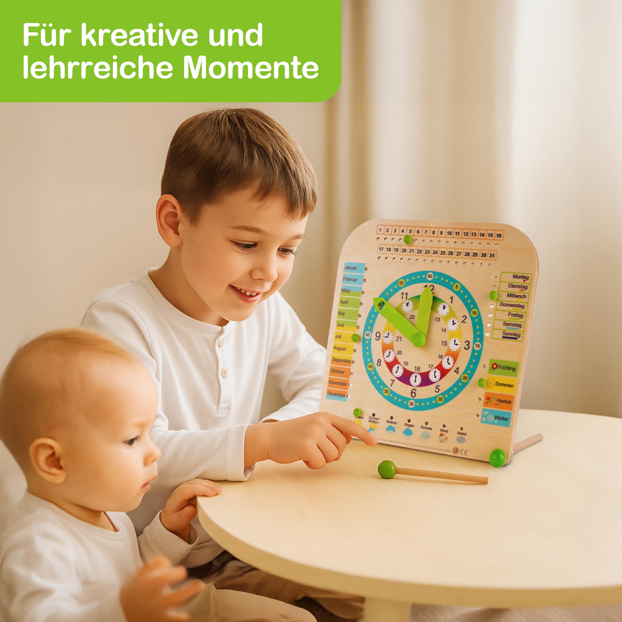 HESS Since 1990 - Lernuhr für Kinder mit Kalender, aus Holz, 25cm x 25cm, aus dem Erzgebirge