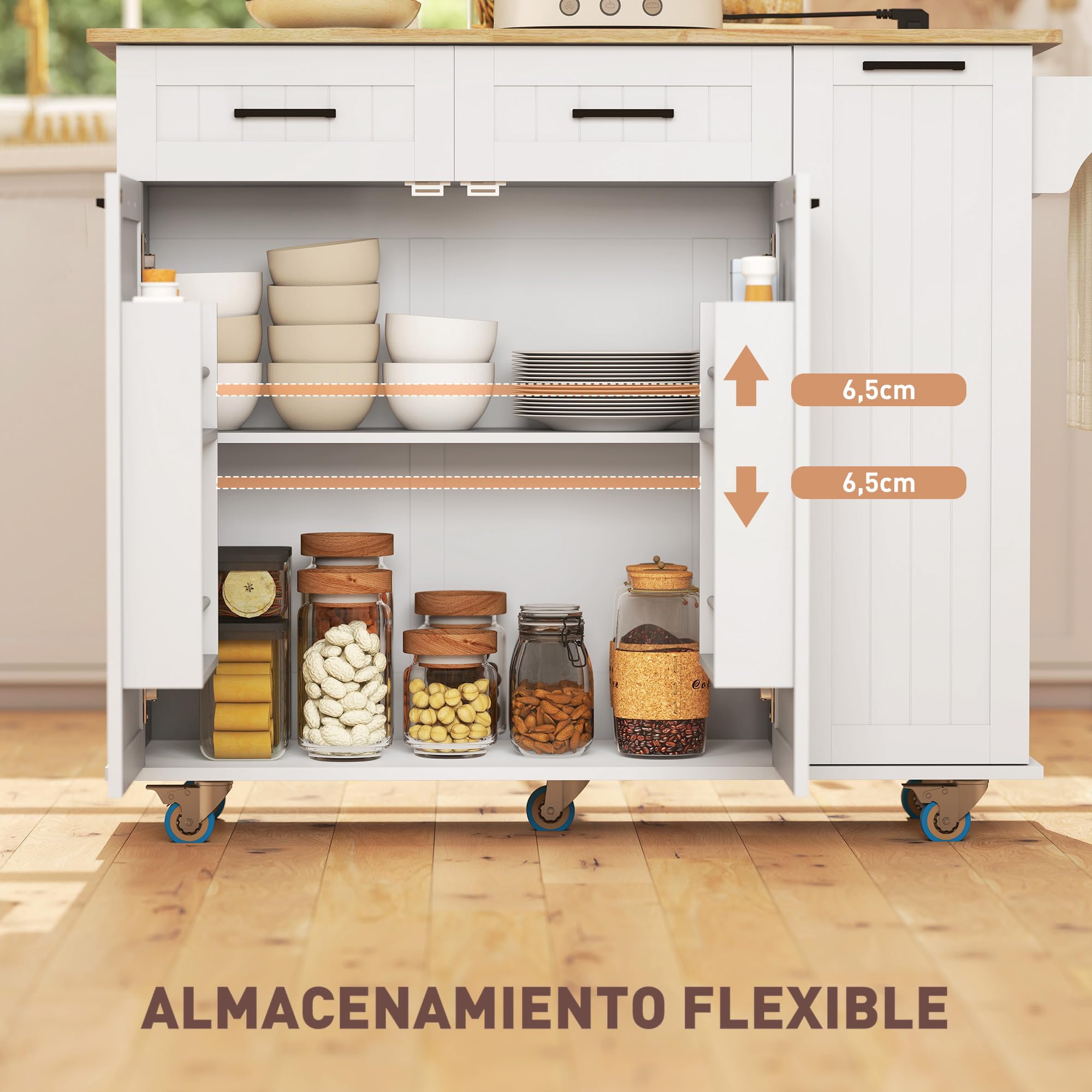 HOMCOM Isla de Cocina con Ruedas y Toma USB, Tablero Plegable, Blanco | Carro de Cocina, 2 Cajones, 2 Puertas, Estante Ajustable, Especiero, Toallero, 119,5x74x94,5 cm