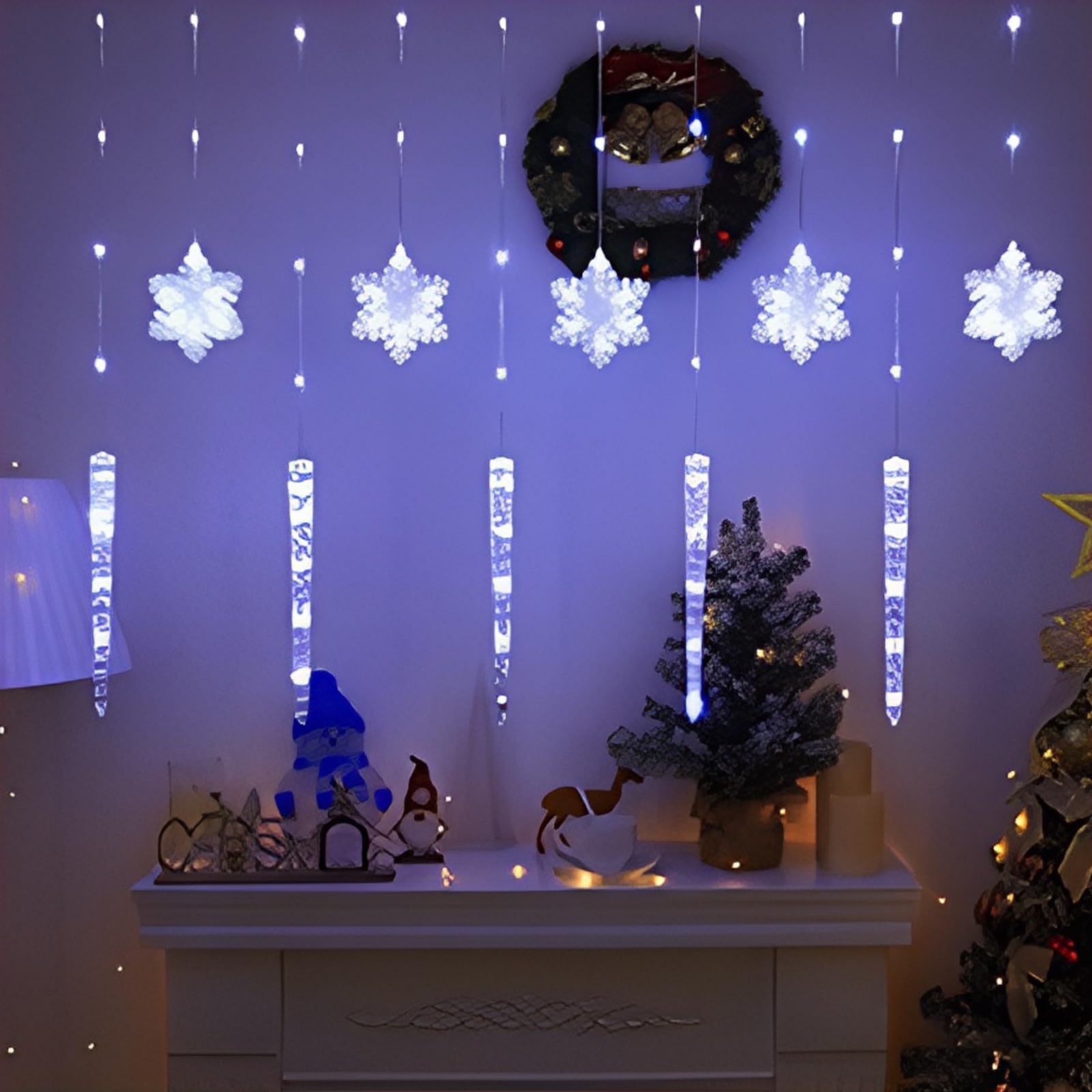 HIAME Christmas Curtain String Lights, 85 LED 3M Fairy Snowflake Icicle Lights with 8 Flashing Modes, Remote Control & Waterproof, Christmas Light Decoration for Window, Bedroom, Party, Patio (A)