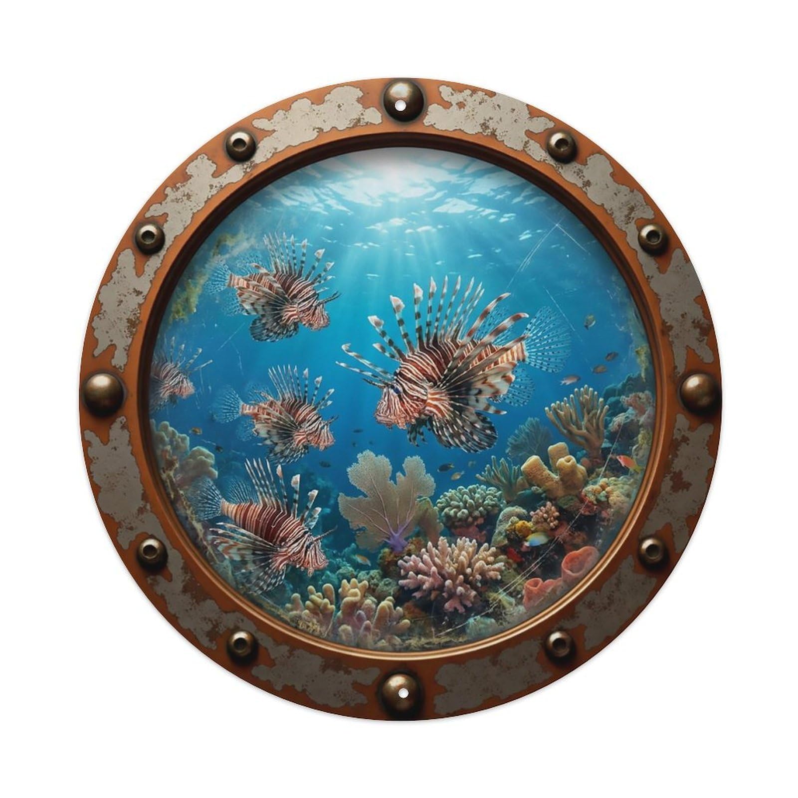 Vintage Porthole Lionfish Nautical Window View Metal Tin Sign