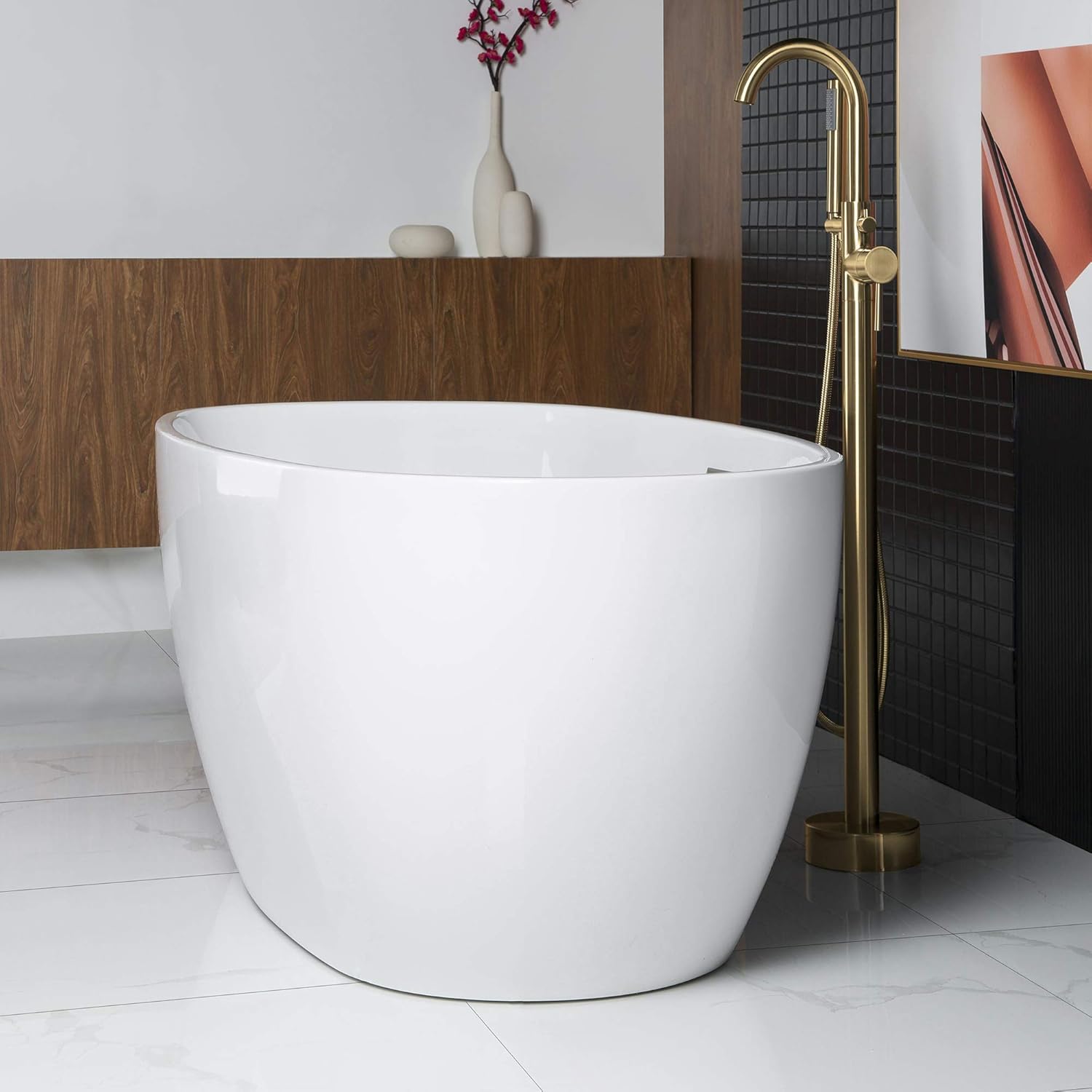 WOODBRIDGE 59"Freestanding White Acylic Soaking Bathtub with Brushed Gold Drain and Overflow,BTA1518 -BG-Drain &O