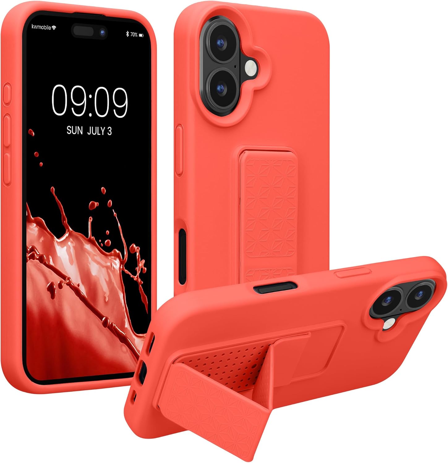 kwmobile Case Compatible with Apple iPhone 16 - Case with Hand Strap and Stand Soft TPU Silicone Coating - Coral