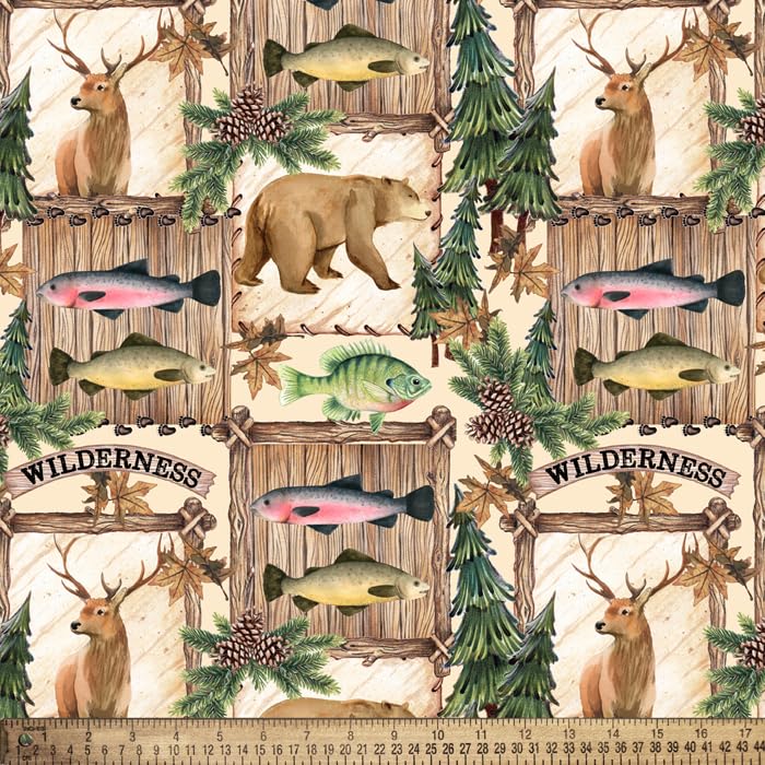 Wilderness Animals Camping Fishing Anti-Pill Premium Fleece Fabric by The Yard
