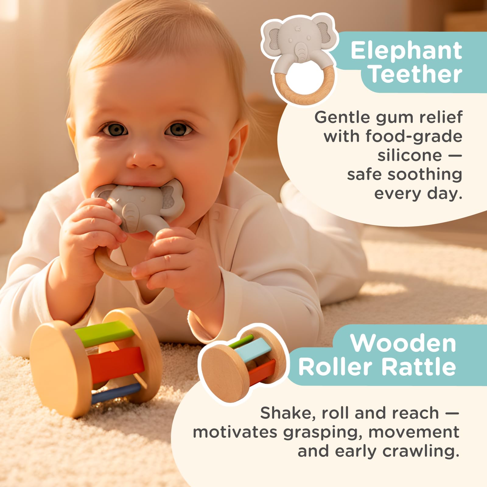 Nene Toys Zabawki Montessori dla Niemowląt 6–12 Mies. – Drewniany Zestaw Sensoryczny: Skrzynka Permanencji, Wieża Silikonowa, Puzzle z Lustrem, Książeczka, Gryzak, Grzechotka i 8 Bloków