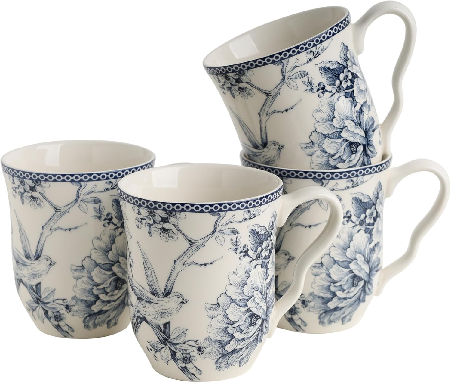 222 Fifth Adelaide Large Coffee Mugs Set of 4, 14.5 oz Porcelain Coffee Cups with Handle, Ceramic Tea Cup for Cappuccino, Latte, Cocoa, Microwave & Dishwasher Safe Decorative Gift Sets, Blue and White