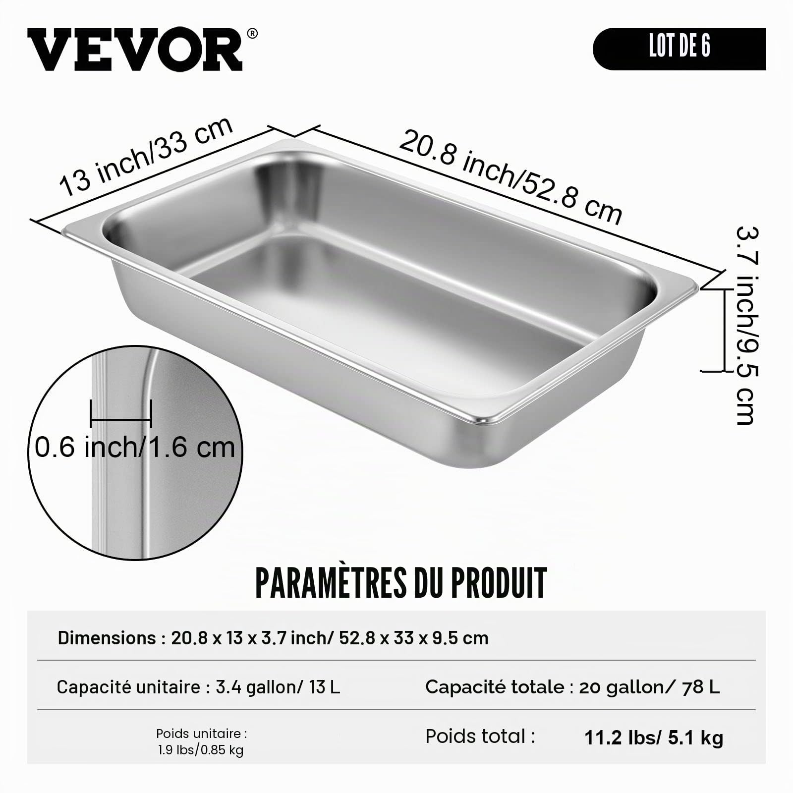 VEVOR Bac Inox Alimentaire Lot de 6 Plats à Four en Acier Inoxydable 13L Épaisseur 0,8mm Bac Poli Rectangulaire Effet Miroir Aliments Chauds et Froids pour Cuisine de Restaurant Gril Gâteaux Tartes