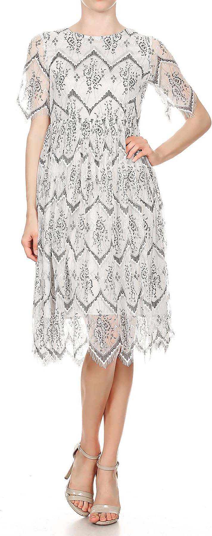 Anna-Kaci Juniors Vintage Floral Lace A-Line Tea Party Homecoming Dress, Grey, Medium