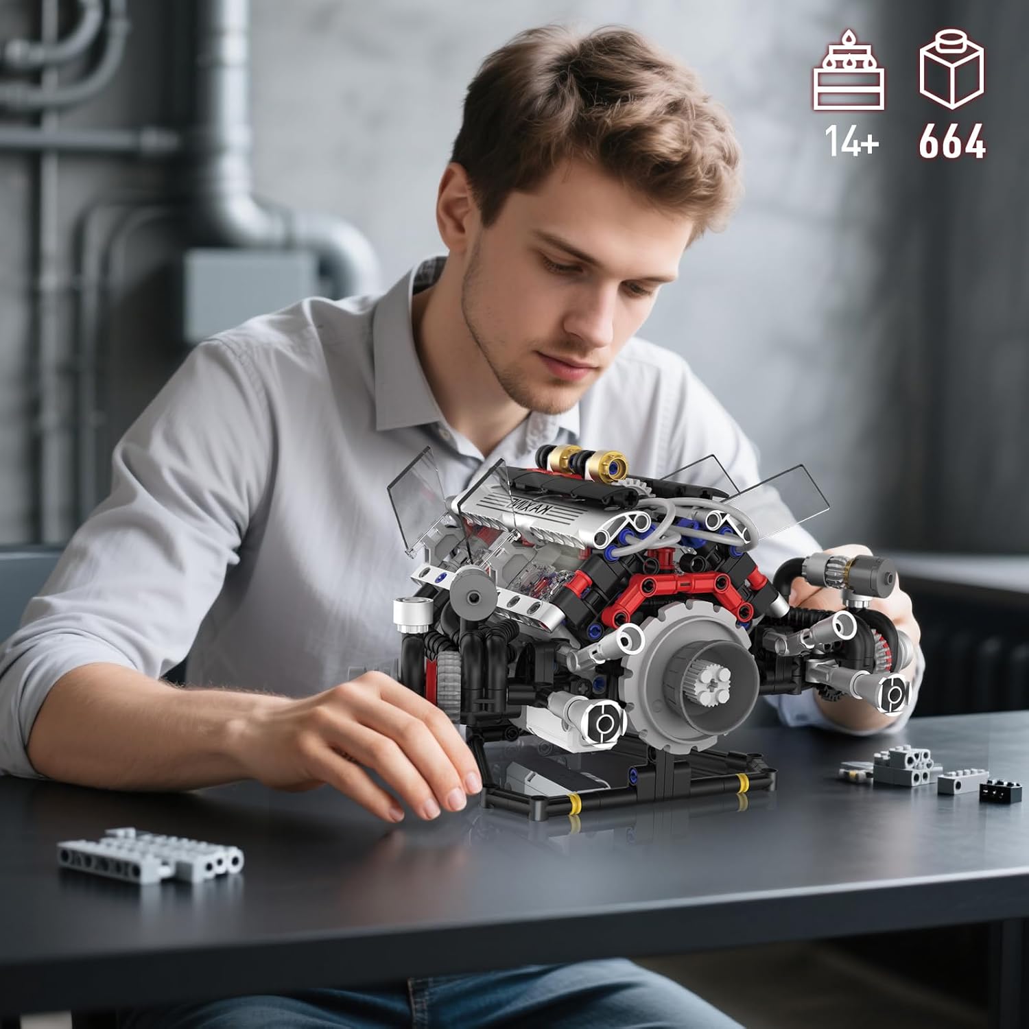 HIGH GODO V8 Engine Building Set, V8 Engine Model Kit that Runs, Visible Car Engine Model Kits with Motor, Lights, & App Control, STEM Toys Gifts for Adults, Teens Age 14+ (664 PCS)