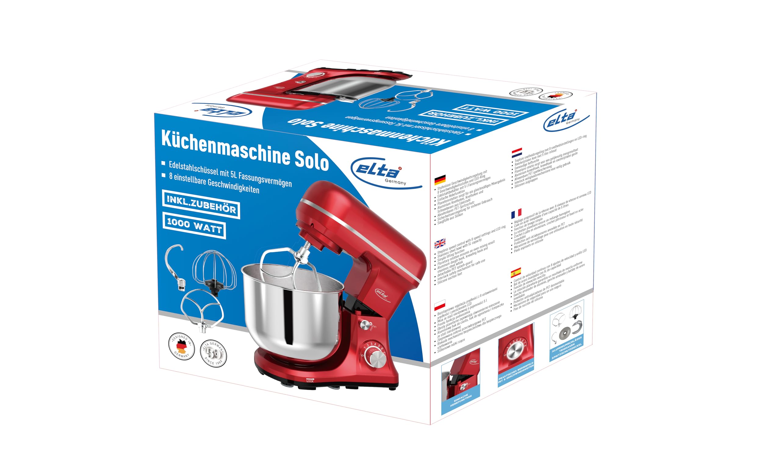 Elta robot kuchenny 1000 W – 5 l, robot kuchenny z planetarnym systemem mieszania, 8 prędkości i akcesoria do ciasta, śmietany, ciast