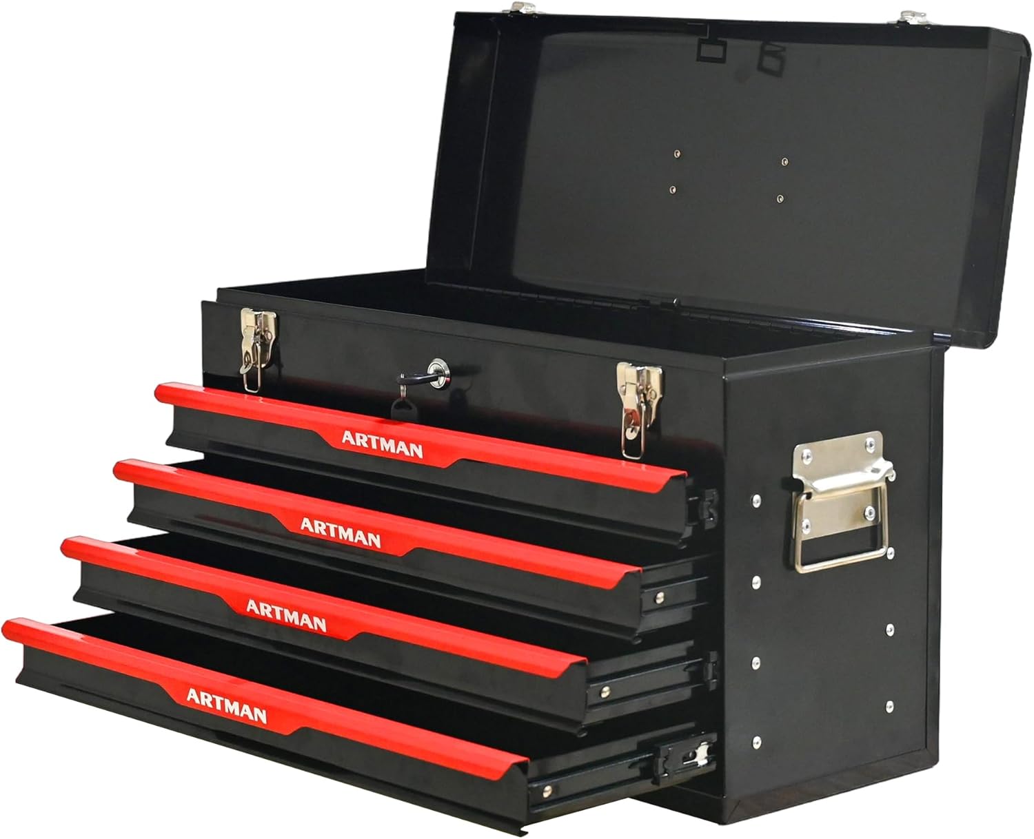 4 Drawers Tool Box with Top Box Portable Steel Tool Chest with Metal Cylinder Lock & Latch Closure & Liner Powder Coating Toolbox for Garage Warehouse Outdoor Repair, Black+Red