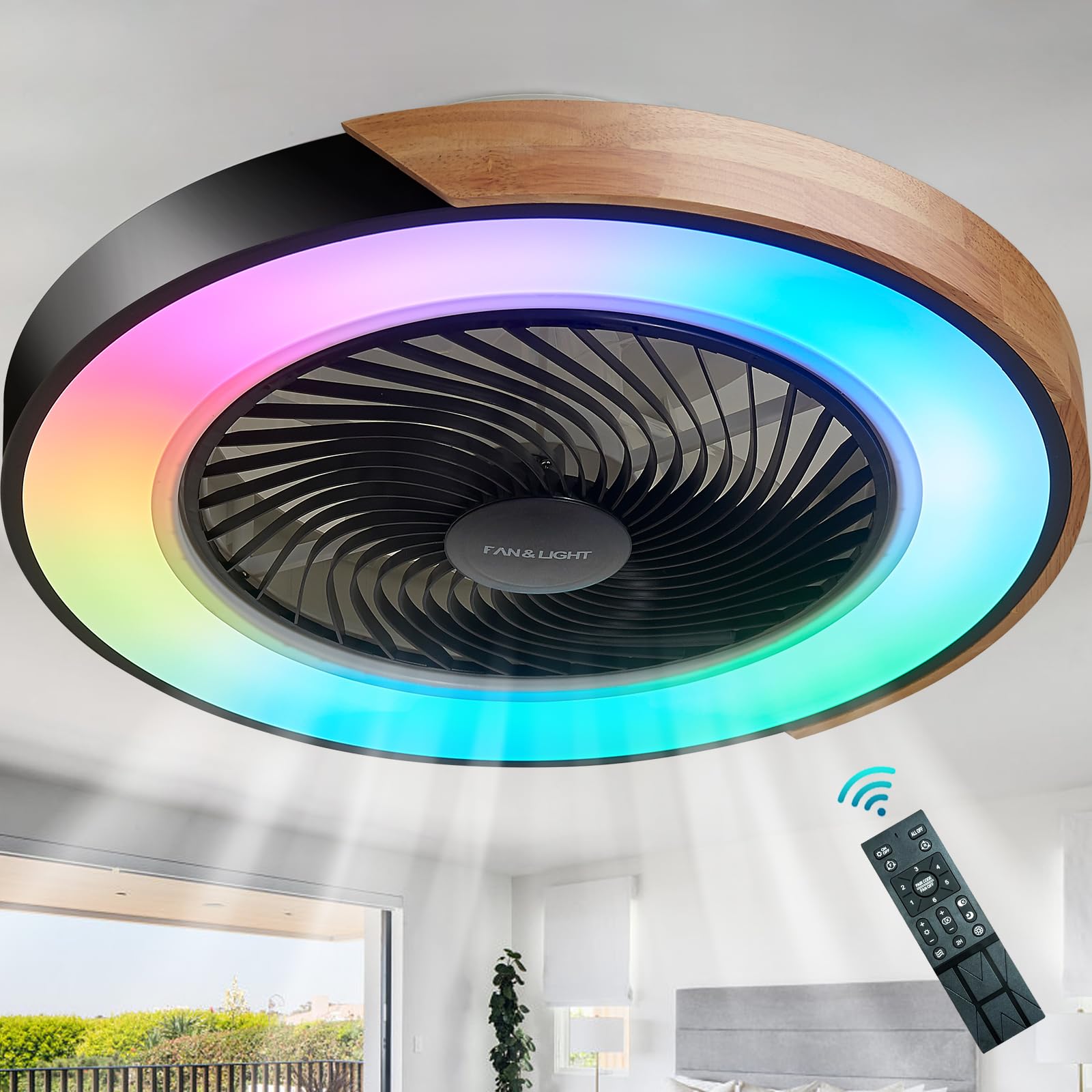 XINSHUO Bladeless Ceiling Fan with Light Remote 20'' Flush Mount