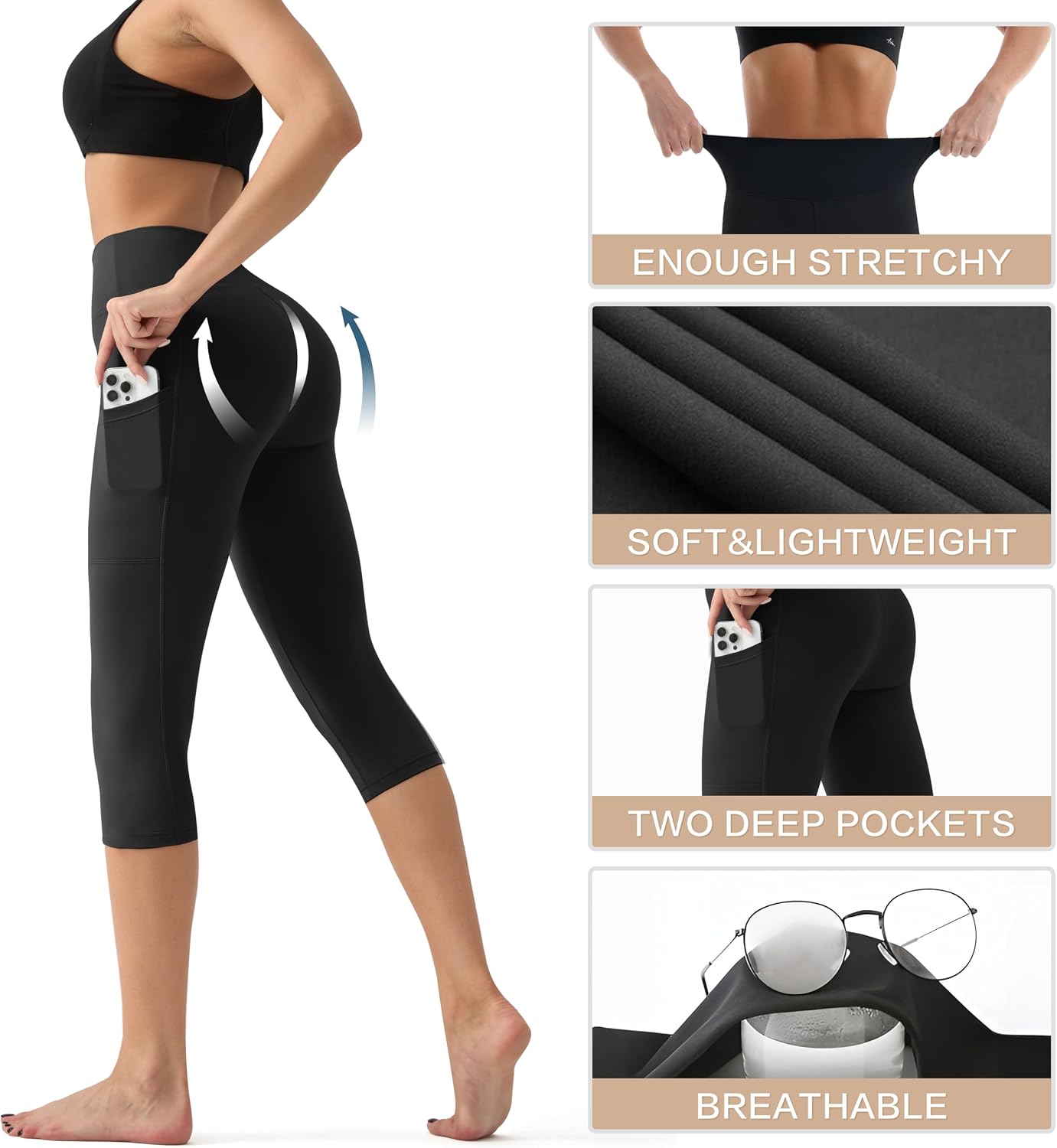 YUDSUD High Waisted Capri Leggings with Pockets for Women Tummy Control Yoga Pants for Workout Running Athletic Cycling