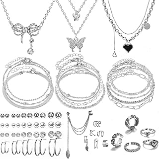 IFNODO 47pcs Gold Jewelry Set With 3 PCS Necklace, 11 PCS Bracelet,20pcs Hoop Stud Earrings,7pcs rings set For Women For B...
