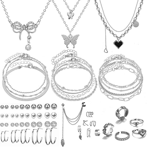 47pcs Gold Jewelry Set With 3 PCS Necklace, 11 PCS Bracelet,20pcs Hoop Stud Earrings,7pcs rings set For Women For Birthday Gifts