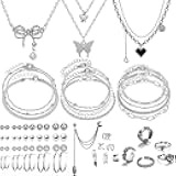 IFNODO 47pcs Gold Jewelry Set With 3 PCS Necklace, 11 PCS Bracelet,20pcs Hoop Stud Earrings,7pcs rings set For Women For Birthday Gifts